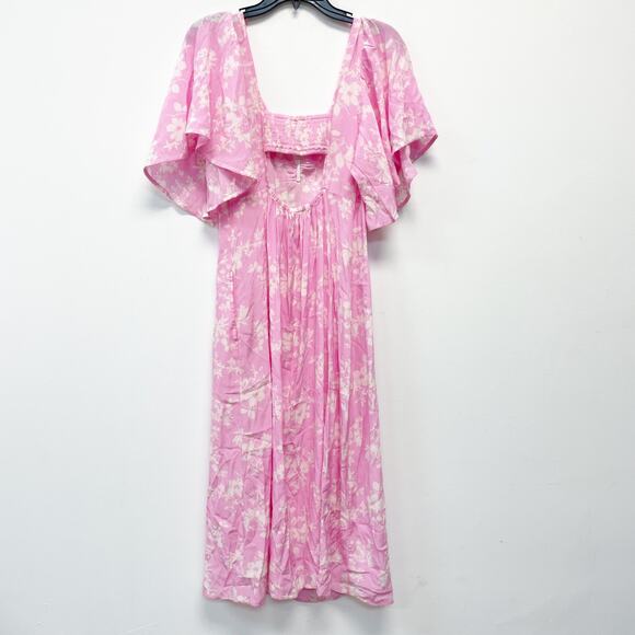 A New Day Women's Pink White Floral Crepe Flutter Short Sleeve Midi Dress Size M - Picture 3 of 5